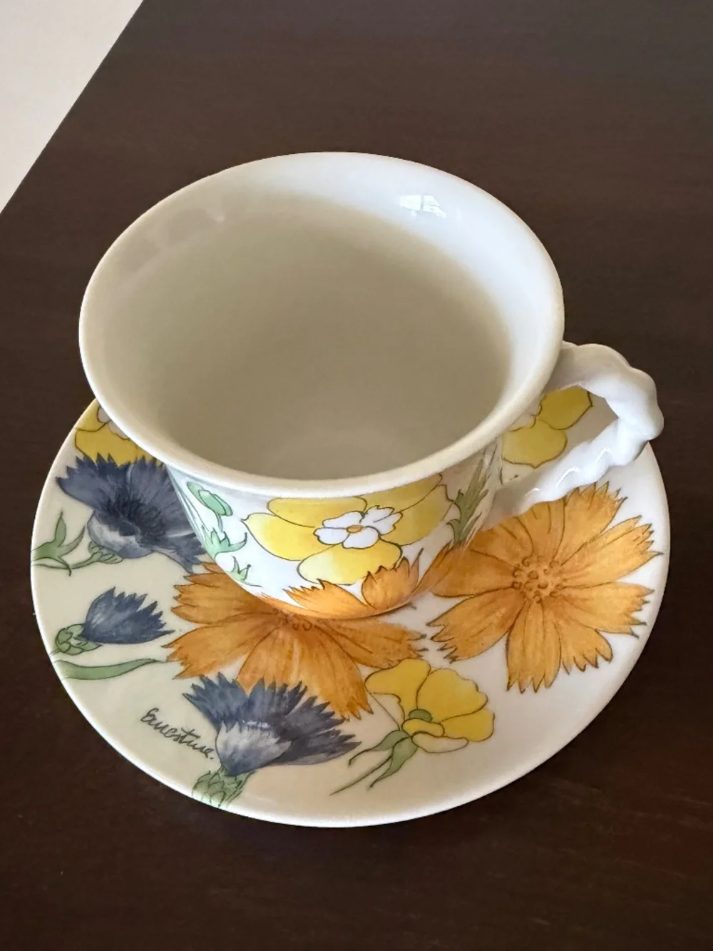 MCM Vintage SIGNED Ernestine Salerno Italy Yellow Orange Blue Tea Cup Saucer Set